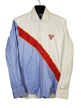 Emmanuel Long Sleeve Button Up Shirt Men's M Slim Tennis Embroidered Colorblock